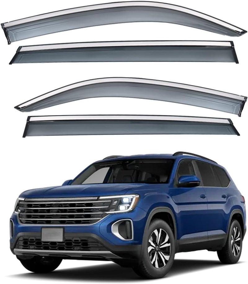 Vesul Tape on Polycarbonate Rain Guards Window Visors Compatible with VW Volkswagen Atlas Cross Sport 2020 2021 2023 2024 2025 Window Wind Deflector Shield Cover with 304 Stainless Steel Trim - Image 1